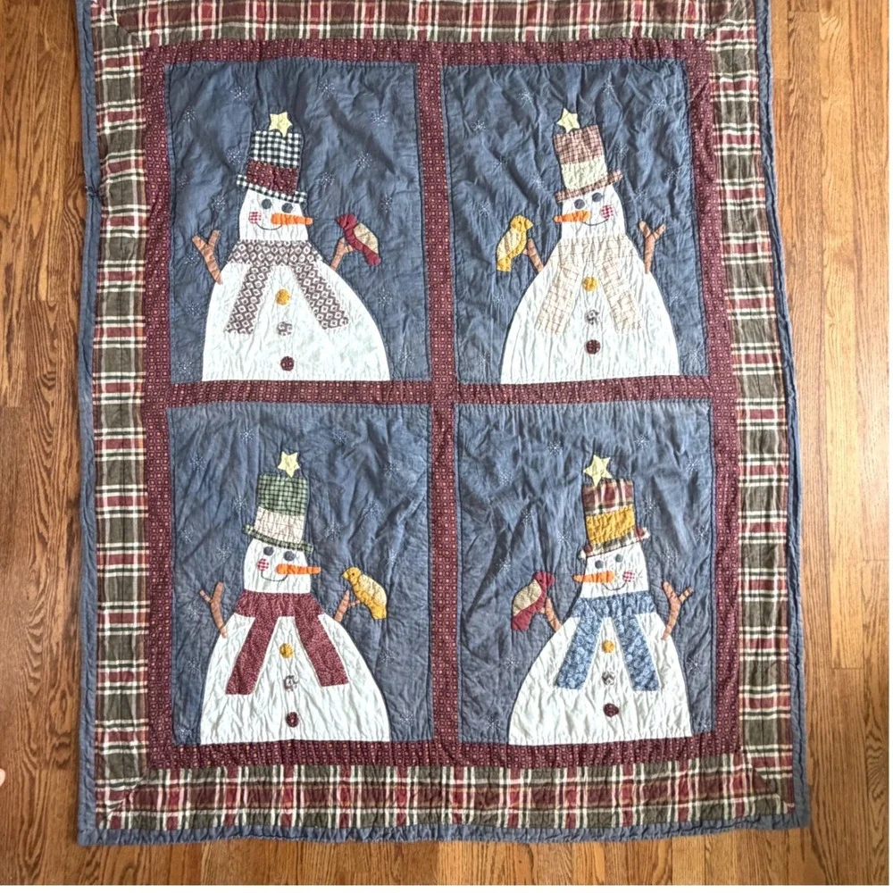 Vintage Primitive Snowman Quilt Throw Blue Plaid Rustic Farmhouse Holiday 60x48